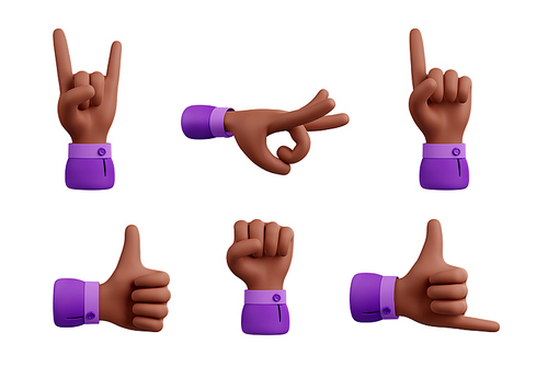 3d render black hand gestures, slit, thumb up, hang or call on mobile phone, protesting fist, pointing up and rock. Male character palm body language elements, illustration in cartoon plastic style