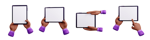 Man hands with tablet computer with empty white screen. African american person hands hold and use digital device, smart gadget with blank touchscreen, 3d render illustration