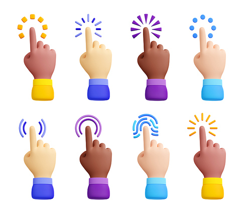3d render cursor hands with different skin colors set. African, caucasian, latin or asian clicking fingers isolated set. Pointer icons for website navigation, Illustration in cartoon plastic style