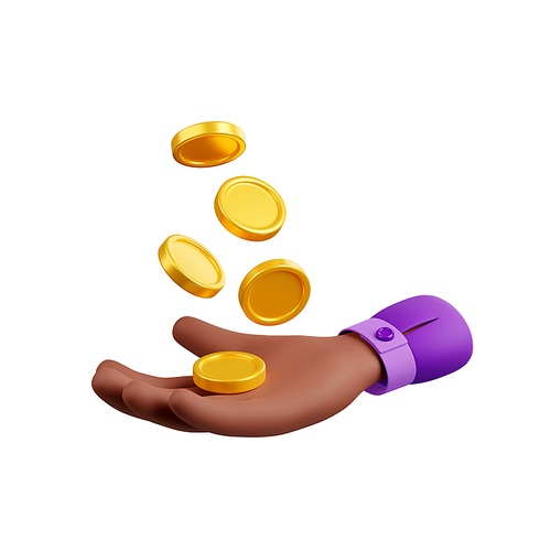 3d render black hand with golden coins fall on open palm isolated on white. Money payment, savings, finance or refund concept with businessman arm, Illustration in cartoon plastic style