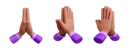 3d render pray, sorry gesture icons with black hands. Prayer arms front and angle view. Hope or beg graphics design for social media, isolated Illustration on white background in cartoon plastic style