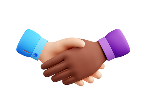 Handshake icon. Multicultural partnership, agreement, business deal, cooperation concept with diverse people hands shake, 3d render illustration isolated on white