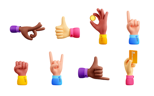 Hands holding money, bank card, showing thumb up, pointing, hang loose gesture, flick and fist. Diverse people hands with coin, credit card, symbols of like and rock, 3d render illustration