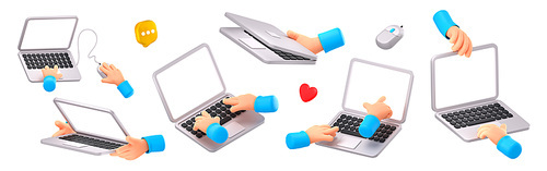 Two hands hold laptop, typing on keyboard, use mouse, show blank screen. Man uses notebook computer, points on empty white screen, 3d render illustration isolated on white