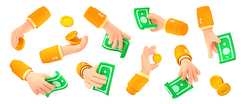 Man hand hold coins and paper cash money. Person hand with dollar banknotes, bills, gold coins for paying, giving for charity, exchange, taking, 3d render illustration isolated on white
