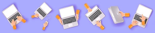 Top view 3d render laptop and hands, human arms working on computer keyboard with mouse, closed and open notebook device, modern supplies for work, Illustration in cartoon plastic style