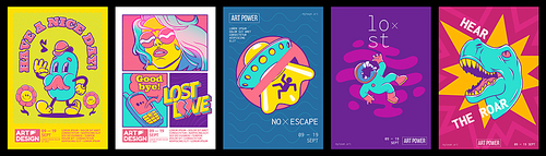 Trendy retro posters for art design exhibition with symbols of ufo, dinosaur, spaceman, mushrooms and girl with long hair. Vector banners set with contemporary comic patches