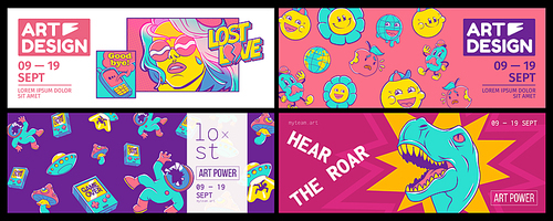 Trendy retro posters for art design exhibition with symbols of ufo, flowers, dinosaur, spaceman, mushrooms, gamepad and girl. Vector banners set with contemporary comic patches