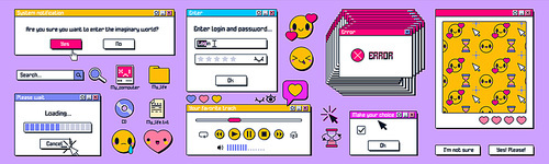 Y2k windows, retro screens in retrowave, vaporwave vintage style. Computer browser and loading process bar, video player, pc desktop error message box and popup user interface elements, vector ux set