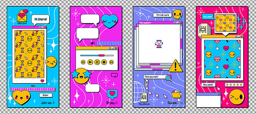Y2k windows for mobile phone, stories. Social media retro onboard screens in retrowave vaporwave 90s style. App pages with smile faces, message boxes and popup user interface elements, Vector png set
