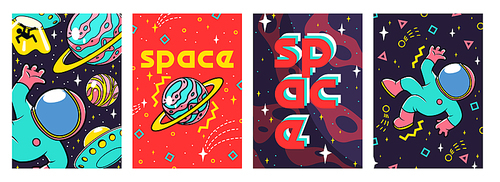 Retro futuristic posters with cute astronaut in space with alien ufo saucers, planets, stars and abstract geometric shapes. Childish vintage design in funky style, Cartoon vector illustration, flyers