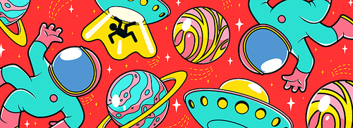 Colorful astronauts in spacesuits, fantasy planets, alien UFOs, space objects and stars on bright background. Trendy contemporary style seamless space pattern for wallpaper. Vector illustration