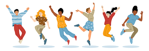 Happy people jump. Diverse persons joy, have fun, jump and dance isolated on white . Group of excited characters, friends or students in different poses, vector cartoon illustration