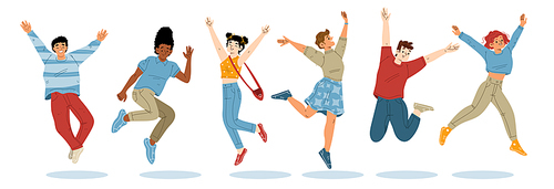 Happy people jump with raised arms, cheerful characters feel positive emotions, rejoice, celebrate victory or success. Laughing teenagers, millenial personages, Line art flat vector illustration