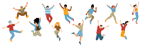Happy people jumping set isolated on white . Successful multiethnic male, female flat characters waving hands smiling in good mood, celebrating victory, enjoying triumph. Vector illustration