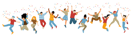 Happy people jump with raised arms, characters win, feel positive emotions, rejoice, celebrate victory or success. Laughing teenagers, millenial boys and girls Cartoon Linear flat vector illustration