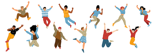 Happy people jump with raised arms, cheerful male and characters win, feel positive emotions, rejoice, celebrate victory or success. Laughing teens, men, women Cartoon linear flat vector illustration
