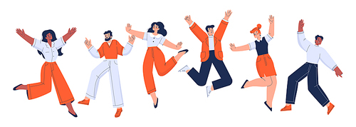 Happy office employees jump with raised arms. People characters in formal wear feel positive emotions, rejoice, celebrate victory or success isolated on white, Cartoon linear flat vector illustration