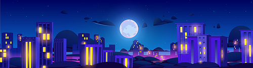 Night city with neon illumination. Urban architecture panoramic background, cityscape with glowing lights under full moon and stars. Modern megapolis buildings exterior, Cartoon vector illustration