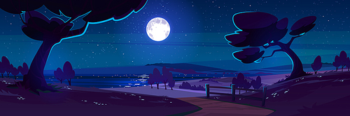 Night nature landscape with forest trees, road, lake and field under full moon shining in starry sky. Cartoon rural background, mysterious scenery view with countryside twilight, Vector illustration