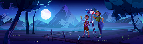 Woman with daughter look in telescope. Curious young girl with mother explore moon and stars on dark night sky. science learning, space exploration, observation, Cartoon vector illustration