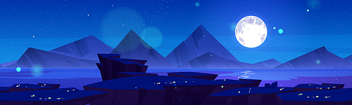 Night sky and mountain landscape cartoon illustration. Vector design of full moon glowing above sea surface and rocky ridge, sparkles shimmering in air, moonlight reflection on water. Scenic nature