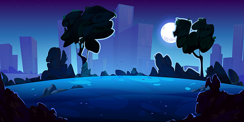 Midnight city with moonlit public garden. Cartoon vector illustration of full moon shining in night sky, dark urban park with trees and bushes against silhouettes of megalopolis skyscraper buildings