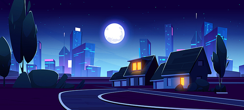 District with suburban houses and city skyline at night. Summer landscape of suburb, village street with cottages, skyscrapers on horizon and full moon in sky, vector cartoon illustration