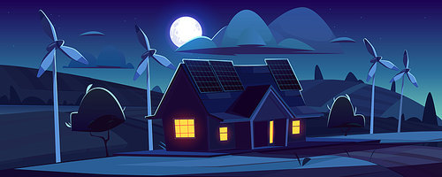House with solar panels on roof and wind turbines at night. Eco friendly power generation, green energy concept. Vector cartoon landscape with modern cottage, windmills and moon in sky