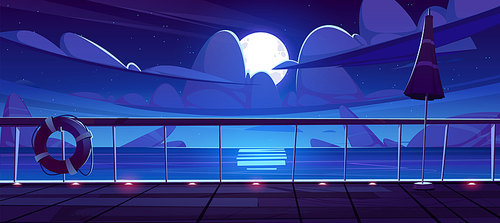 Night seascape view from cruise ship deck. Ocean landscape with rocks in water, moon and clouds in sky. Vector cartoon illustration of wooden boat deck with railing, lamps, lifebuoy and umbrella