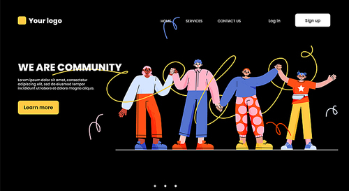 We are community landing page. Happy people holding hands together. Characters group togetherness, happiness, friendship concept with men and women unity Line art flat vector illustration, web banner
