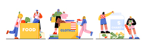 People donating food, clothes and money. Set of flat vector illustration scenes with men and women putting things and cash into charity boxes to help poor, refugees. Volunteers fight hunger, poverty