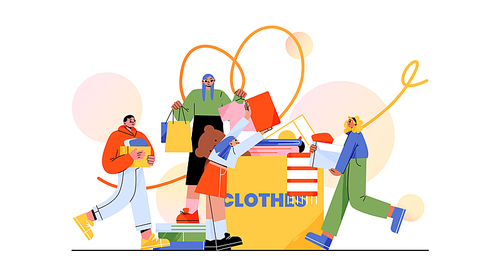 Clothes donation, charity concept. Volunteers bringing and collect apparel into carton box for poor, homeless people, beggars, refugees. Second hand clothing reuse, Linear flat vector illustration