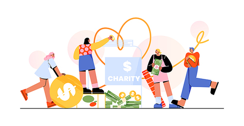 People donate money for charity, put coins and bills with heart in glass jar. Women and men volunteers give cash for financial help, social aid, donations, vector flat illustration