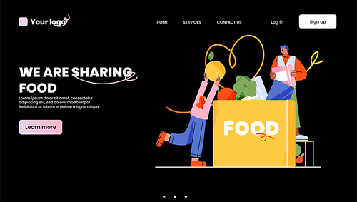 Food sharing landing page template. Flat characters donating meal into charity box on black background with sample lettering. Website design for restaurant, cafe donation project. Vector illustration