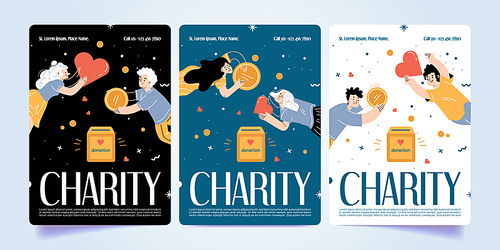 Set of charity campaign banner design templates. Flat vector illustration of male, female characters putting donations in fundraising box, holding heart symbols in hands. Volunteer organization flyer