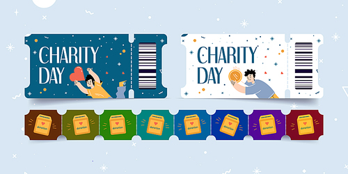 Charity day ticket templates, donation event and volunteers promotion coupons with characters holding money and heart. People donate to support volunteering projects, Line art flat vector promo cards