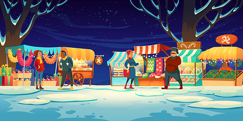 People on Christmas fair with market stalls with candies, santa hats, cakes and gingerbreads. Vector cartoon winter landscape with traditional holiday marketplace with garland lights at evening