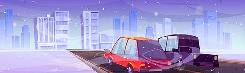 Cars driving at winter city road with falling snow and modern town skyline. Traffic on highway at wintertime season. Urban landscape with vehicles at megalopolis background Cartoon vector illustration