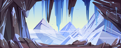 Ice cave with snow and stalactites, mountain cavern cartoon background with rocks under blue clear sky. Fantasy nature landscape, frozen grot view from inside, scene for game, Vector illustration