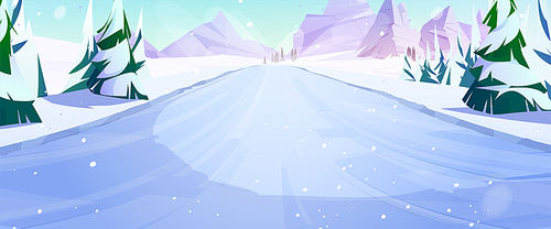 Snow mountain slope for ski and snowboard riding in perspective view. Vector cartoon pov illustration of winter landscape with snowy downhill, fir trees and rocks