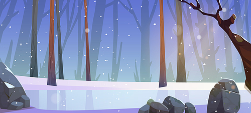Snowfall in winter forest with frozen pond. Scenery nature landscape, cartoon background with bare tree trunks and rocks under falling snow, beautiful wild park or garden scene, Vector illustration