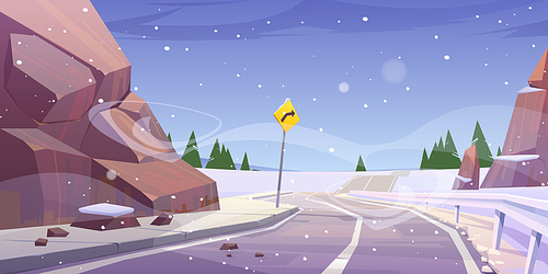 Winter mountain asphalt road with fencing and turn sign under falling snow. Curly empty highway and rocks at wintertime countryside landscape, Cartoon background with dull sky, vector illustration