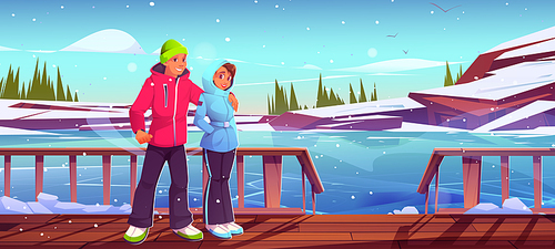 Happy couple on wooden terrace and ice rink on background. Vector cartoon illustration of winter landscape with frozen lake, snow, trees, chalet or lodge porch, man and girl in warm outfit