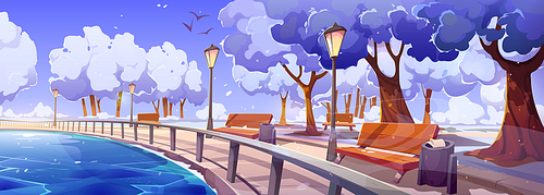 Quay in winter city park landscape perspective view with frozen river bay, wooden benches, snowy trees and street lamps. Embankment walkway background at cold season time, Cartoon vector illustration
