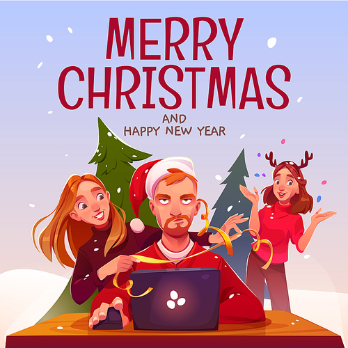 Boring man with annoyed face in Santa hat working on laptop. Happy female colleagues celebrating Christmas at office party, New Year trees background. Holiday depression. Cartoon vector illustration