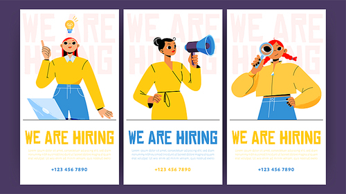 We are hiring posters with women hr managers recruit candidate for job vacancy. Vector banners of hire staff with cartoon illustration of girls workers with laptop, megaphone and magnifier