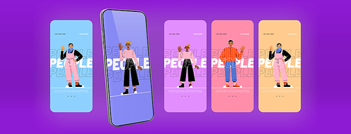 Diverse people hello and welcome gesture banners or onboard mobile phone screens. Multinational characters waving hands, happy young men and women greeting gesturing, Line art flat vector templates