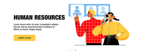 Human resources banner. Concept of HR management, recruitment employee for company team. Vector landing page with flat illustration of people search and recruit professional staff
