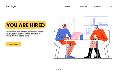 You are hired landing page, recruitment concept with hr manager interviewing candidate. Female characters sitting at desk with laptop. Human resource service agency, Line art flat vector web banner